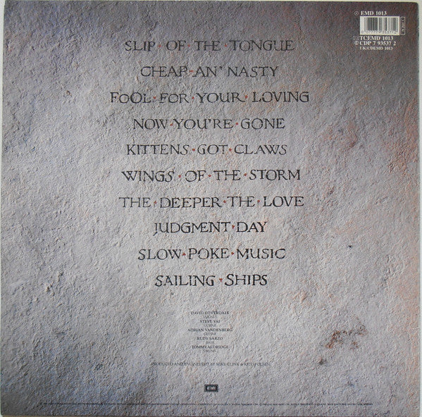 Image of Back Cover of LP - VG/G+ - WHITESNAKE, Slip Of The Tongue (EMI ; EMD 1013, UK 1989, Inner), Light Marks only.,  - 2516096C
