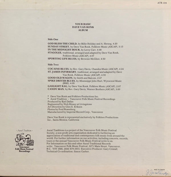 Image of Back Cover of LP - VG/VG+ - DAVE VAN RONK, Your Basic Dave Van Ronk Album (Aural Tradition Recordings; ATR 104, Canada 1983, Pasteback Sleeve), ,  - 0726128E