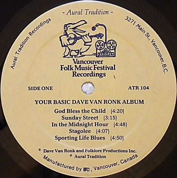 Image of Label Cover of LP - VG/VG+ - DAVE VAN RONK, Your Basic Dave Van Ronk Album (Aural Tradition Recordings; ATR 104, Canada 1983, Pasteback Sleeve), ,  - 0726128E