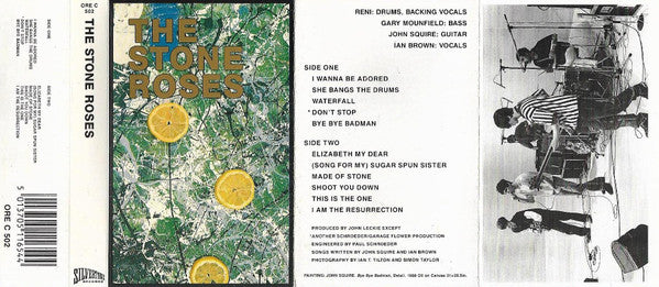 Image of Back Cover of Cassette - VG+/VG+ - THE STONE ROSES, The Stone Roses (Silvertone Records; ORE C 502, UK 1989, J-Card, Clear Shell With Textured Border, Window Bars, V Indent At Top & Bottom Of Slipsheet), ,  - 3116471C