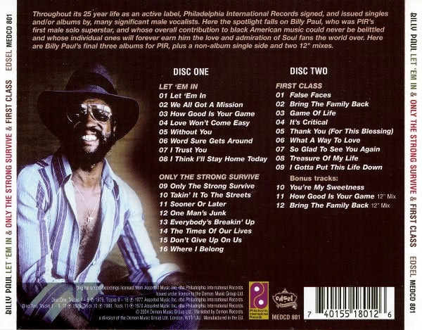Image of Back Cover of CD - VG+/VG+ - BILLY PAUL, Let 'Em In / Only The Strong Survive / First Class (Edsel Records; MEDCD 801, UK 2004 Reissue, Double CD Case), ,  - 3716008C