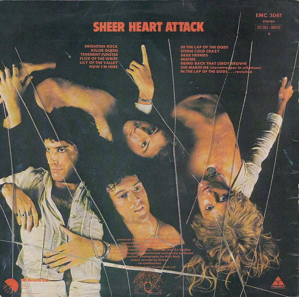 Image of Back Cover of 4725117E: LP - QUEEN, Sheer Heart Attack (EMI; EMC 3061, UK 1975 Reissue, Laminated Sleeve, Inner With Rounded Corners) Strong VG, Damage To Laminate, Inner Creased  G+/VG
