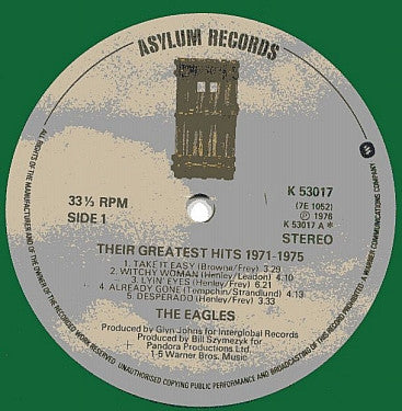 Image of Label Cover of 5144291S: LP - EAGLES, Their Greatest Hits (1971-1975) (Asylum Records ; K 53017, UK 1978, Limited Edition Green Vinyl) Light edge wear.   VG/VG+