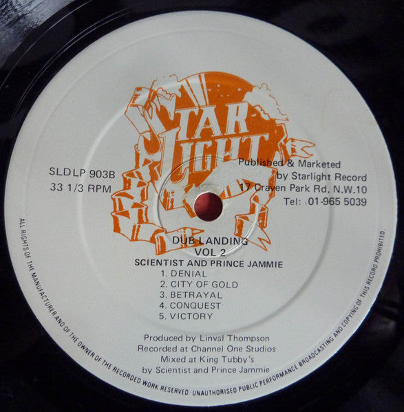 Image of Label Cover of LP - VG+/VG - SCIENTIST AND PRINCE JAMMY, Dub Landing Vol: 2 (Starlight Records; SLDLP 903, UK 1980s), A couple of light lines, plays VG+. Nice clean copy.,  - 3626321E