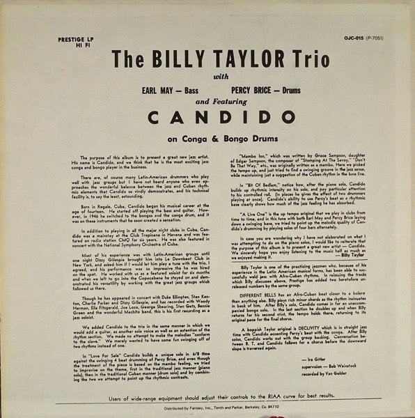 Image of Back Cover of LP - VG/VG+ - THE BILLY TAYLOR TRIO WITH CANDIDO, The Billy Taylor Trio With Candido (Original Jazz Classics; OJC-015, US 1982 Reissue, Pasteback Sleeve, with OBI), ,  - 4026298E