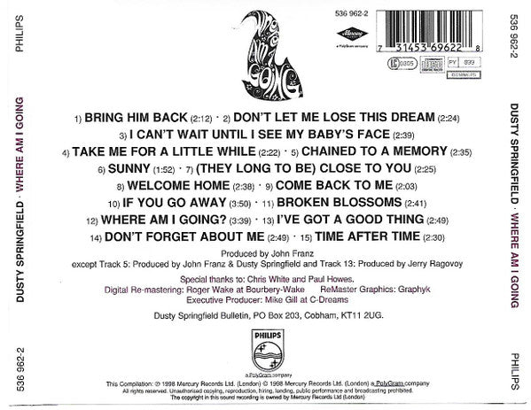 Image of Back Cover of 3634006E: CD - DUSTY SPRINGFIELD, Where Am I Going (Philips; 536 962-2, UK & Europe 2012)   VG+/VG+