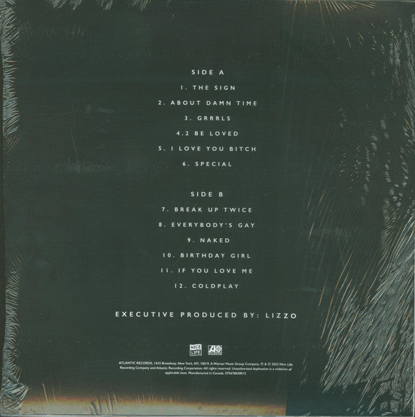 Image of Back Cover of 1144149S: LP - LIZZO, Special (Nice Life; 075678638015, US 2022, Inner, Postcard, Stickered Outer Plastic Sleeve, Silver Vinyl) Cover still in shrink with promo sticker. Pristine copy that looks unplayed.  EX/VG+