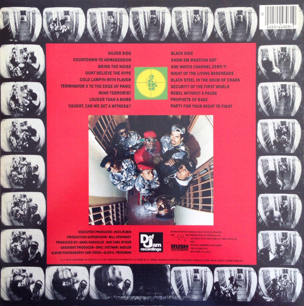 Image of Back Cover of LP - G/F - PUBLIC ENEMY, It Takes a Nation of Millions (Def Jam; BFW 44303, US 1988, Picture Sleeve, Inner, Carrollton Pressing), Vinyl covered in marks, will probably skip. Sleeve has a seam split on the spine, heavy edgewear, creases, writing on rear. ,  - 3826112E