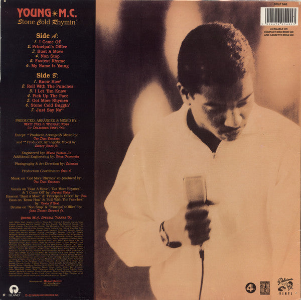 Image of Back Cover of 5114548C: LP - YOUNG M.C., Stone Cold Rhymin' (Delicious Vinyl ; BRLP 540, UK 1989, Black Inner) Quite a few light marks to disc. Plays with some surface noise.  VG/G+