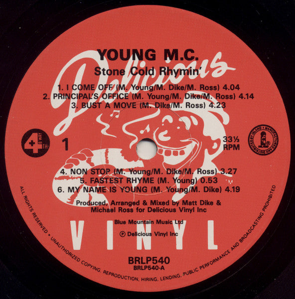 Image of Label Cover of 5114548C: LP - YOUNG M.C., Stone Cold Rhymin' (Delicious Vinyl ; BRLP 540, UK 1989, Black Inner) Quite a few light marks to disc. Plays with some surface noise.  VG/G+