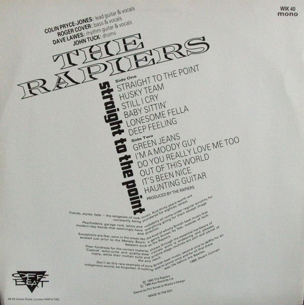 Image of Back Cover of 3525233E: LP - RAPIERS, Straight To The Point (Off Beat; WIK40, UK 1985, Mono)   VG+/VG+
