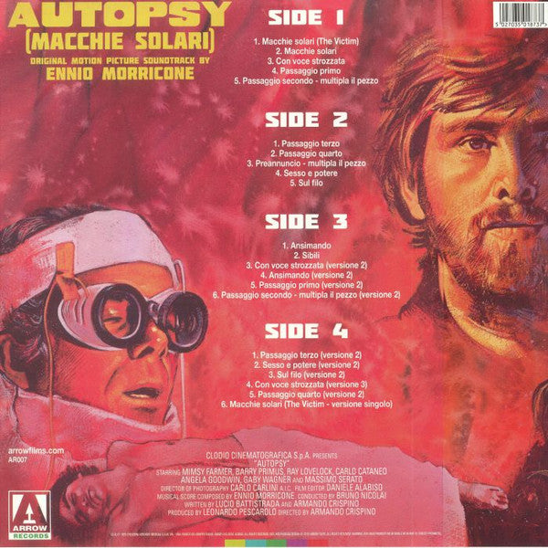 Image of Back Cover of 2xLP - VG+/VG+ - ENNIO MORRICONE, Autopsy (Macchie Solari) (Original Motion Picture Soundtrack) (Arrow Records ; AR007, UK, Europe & US 2018, 2 Inserts, 180 Gram Orange Marbled Vinyl, Obi), ,  - 2226334E