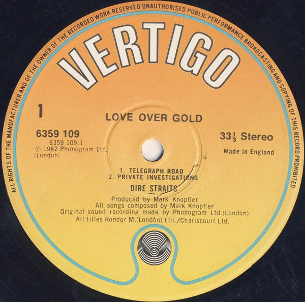 Image of Label Cover of LP - VG/VG - DIRE STRAITS, Love Over Gold (Vertigo Orange; 6359 109, UK 1982, Inner, HW Mastering Both Sides), ,  - 3316535C