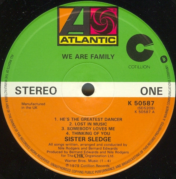 Image of Label Cover of 4014250C: LP - SISTER SLEDGE, We Are Family (Atlantic; K50587, UK 1979) Strong VG to sleeve - light creasing only. Hype sticker on sleeve.  VG/VG+