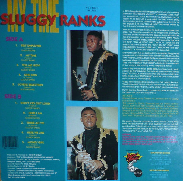 Image of Back Cover of LP - VG+/VG - SLUGGY RANKS, My Time (Shelly's Records; SRLP05, US 1991), Light mottling, couple of light lines.,  - 1216302C
