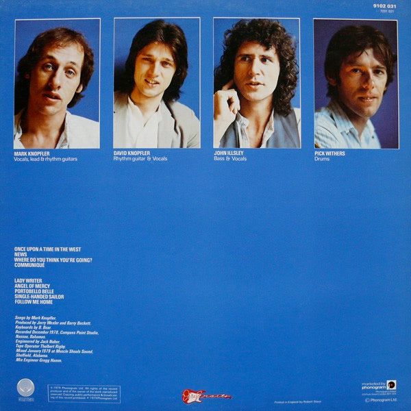 Image of Back Cover of LP - VG/VG - DIRE STRAITS, Communique (Black and White Spaceship Label; 9102 031, UK 1979, Embossed Sleeve, Inner), Surface marks. Staining to inner and sleeve, creasing.,  - 2546307S