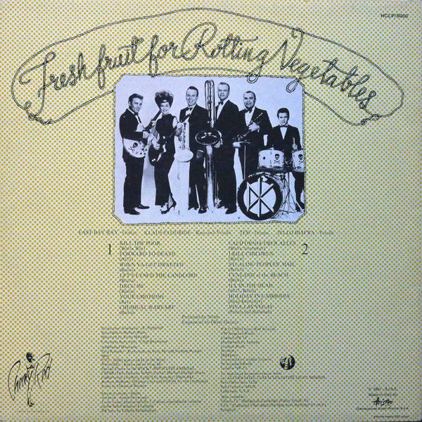 Image of Back Cover of LP - VG/VG - DEAD KENNEDYS, Fresh Fruit For Rotting Vegetables (Cherry Red; HCLP / 5000, Italy 1981 Reissue, Complete Band Photo Sleeve, No Poster), Just a few wispy marks, Sleeve has some creases and edge wear. ,  - 4416077C