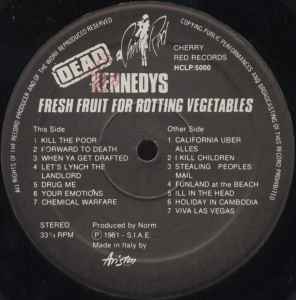 Image of Label Cover of LP - VG/VG - DEAD KENNEDYS, Fresh Fruit For Rotting Vegetables (Cherry Red; HCLP / 5000, Italy 1981 Reissue, Complete Band Photo Sleeve, No Poster), Just a few wispy marks, Sleeve has some creases and edge wear. ,  - 4416077C