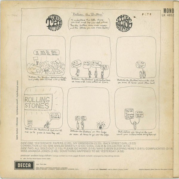 Image of Back Cover of LP - G/G - THE ROLLING STONES, Between The Buttons (Decca Red Unboxed; LK4852, UK 1967, Laminated Sleeve, Mono, Side No On Right of Spindle Hole, Mirage Music Above Rights Box on left), Small Tear at Sleeve Opening, Edge Wear, Writing on Reverse,  - 1026154E