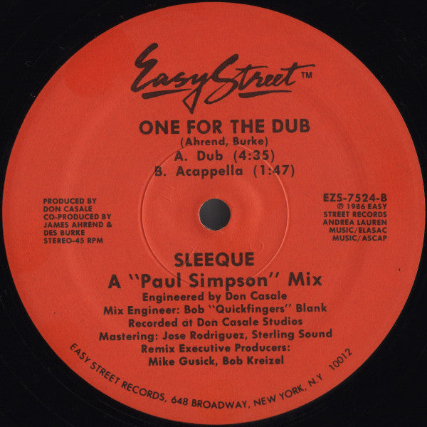 Image of Back Cover of 12" - /VG - SLEEQUE, One For The Money (Easy Street Records; EZS-7524, US 1986, Plain Sleeve), , A1	One For The Money (Dance Remix)	A2	One For The Money (Song Mix)B1	One For The Dub (Dub)B2	One For The Dub (Acapella) - 3126332E
