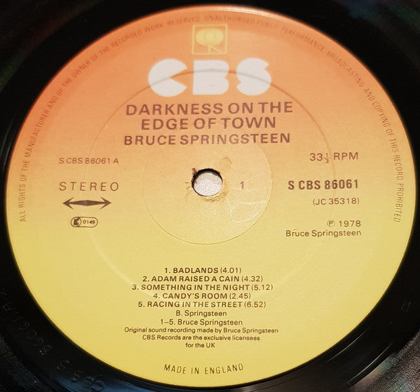 Image of Label Cover of LP - VG/VG+ - BRUCE SPRINGSTEEN, Darkness On The Edge Of Town (CBS Orange/Yellow; CBS 86061, UK 1978, Inner & Insert), ,  - 1716380C