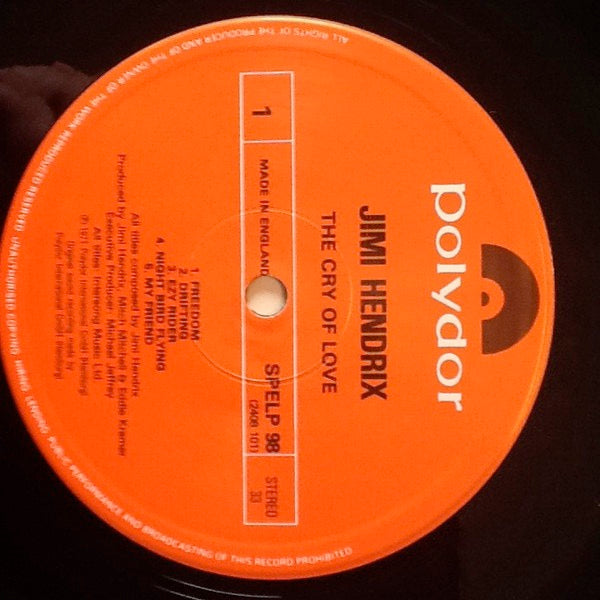 Image of Label Cover of 5015450C: LP - JIMI HENDRIX, The Cry of Love (Polydor; SPELP98, UK 1985 Reissue, Single Sleeve)   VG/G+