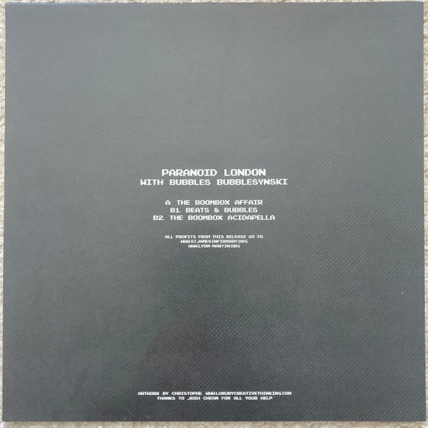 Image of Back Cover of 0914101C: 12" - PARANOID LONDON WITH BUBBLES BUBBLESYNSKI, The Boombox Affair (Paranoid London Records; PDON008, UK 2018)   NEW/NEW