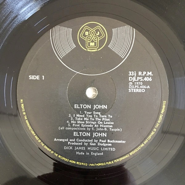 Image of Label Cover of LP - VG/G+ - ELTON JOHN, Elton John (DJM Black Yellow and Silver; DJLPS 406, UK 1970, Textured Gatefold, Vinyl Translucent When Held Up to Strong Light, Made in England on Labels), Light speckled marks,  - 3816280C