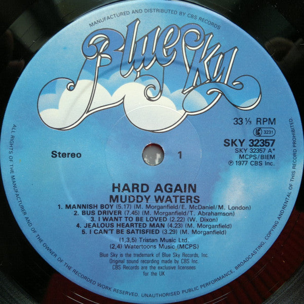Image of Label Cover of LP - VG/G+ - MUDDY WATERS, Hard Again (Blue Sky; SKY 81853, UK 1980s Reissue, Inner), Superficial storage marks.,  - 1516280C