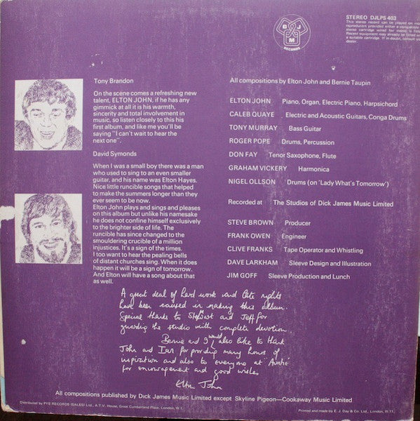 Image of Back Cover of LP - VG+/VG+ - ELTON JOHN, Empty Sky (DJM; DJLPS403, UK 1969, Textured Gatefold Sleeve), ,  - 4026195E