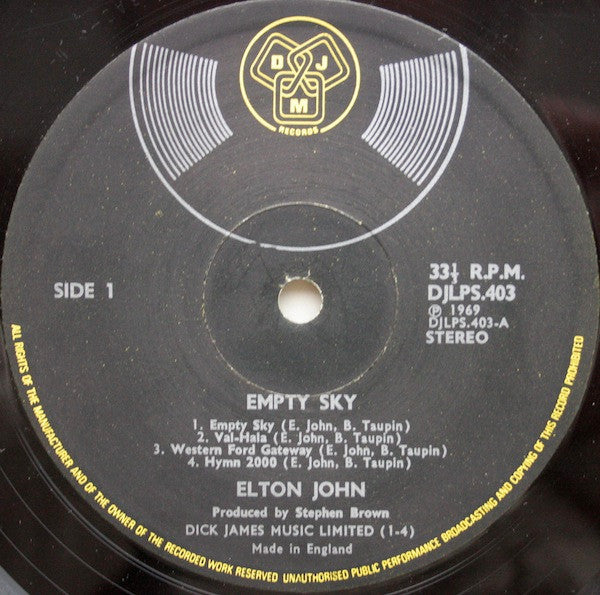 Image of Label Cover of LP - VG+/VG+ - ELTON JOHN, Empty Sky (DJM; DJLPS403, UK 1969, Textured Gatefold Sleeve), ,  - 4026195E
