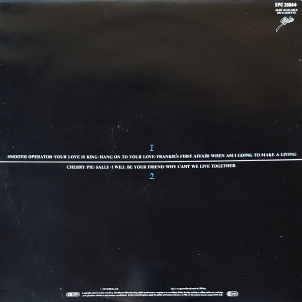 Image of Back Cover of LP - VG/VG - SADE, Diamond Life (Epic (White Labels); EPC 26044, UK 1985 Reissue, Gatefold, 'timtom' + ty in runouts), A few light hairlines. Sleeve has sticker removal area with some damage to main image.,  - 4126008E