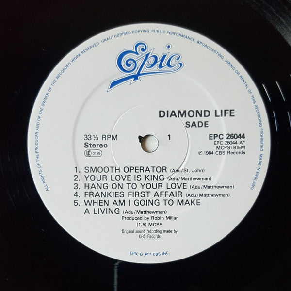 Image of Label Cover of LP - VG/VG - SADE, Diamond Life (Epic (White Labels); EPC 26044, UK 1985 Reissue, Gatefold, 'timtom' + ty in runouts), A few light hairlines. Sleeve has sticker removal area with some damage to main image.,  - 4126008E