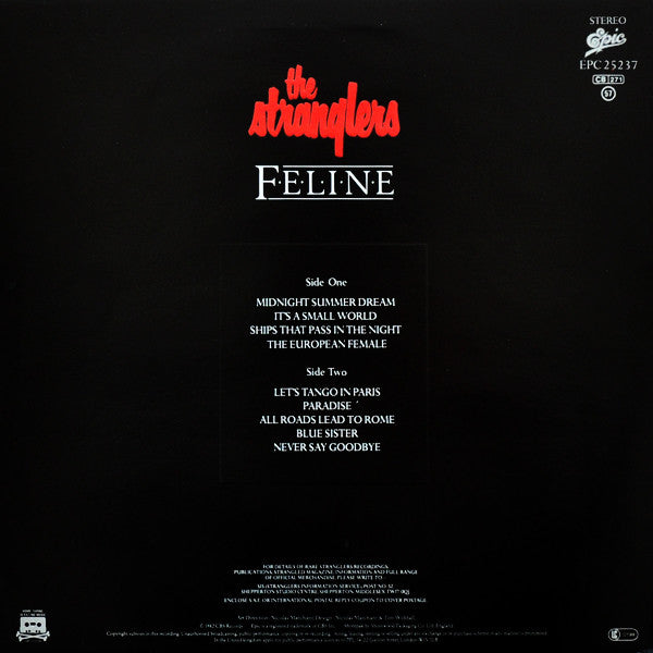 Image of Back Cover of 5024226E: LP - THE STRANGLERS, Feline (Epic; EPC 25237, UK 1983, Embossed Sleeve, Limited Edition With 7'' Single) Strong VG  VG/VG