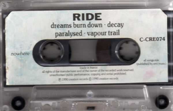 Image of Label Cover of Cassette - VG+/VG+ - RIDE, Nowhere (Creation Records; C-CRE074, UK 1990, J-Card), Title stickered case (a little worn).,  - 3116444C