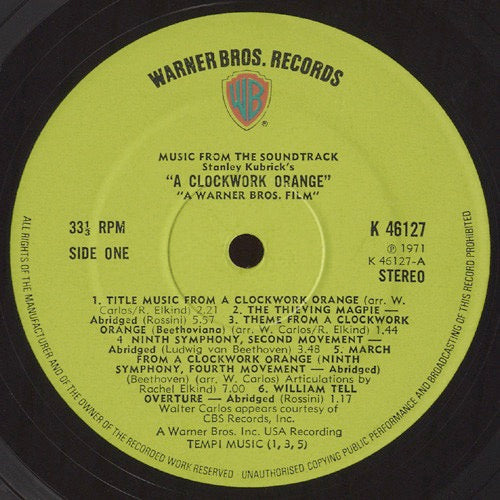 Image of Label Cover of LP - VG/VG+ - VARIOUS INC WALTER CARLOS, Stanley Kubrick's A Clockwork Orange (WB Green With WB Orange Shield Logo; K46127, UK 1971, No v Under Side Numbers On Label), ,  - 4446200S