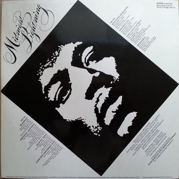 Image of Back Cover of LP - VG+/VG - JIMI HENDRIX, Midnight Lightning (Polydor; 2310 415, UK 1975, Laminated Sleeve, First Press. Track A4 is titled Gypsy Boy (New Rising Sun) on Sleeve, But Hey Baby (New Rising Sun) on label), , Would be VG+ but for a small patch on B2/B3 that causes a few clicks. - 3726021E