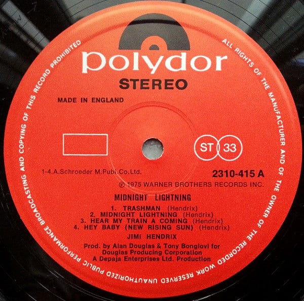 Image of Label Cover of LP - VG+/VG - JIMI HENDRIX, Midnight Lightning (Polydor; 2310 415, UK 1975, Laminated Sleeve, First Press. Track A4 is titled Gypsy Boy (New Rising Sun) on Sleeve, But Hey Baby (New Rising Sun) on label), , Would be VG+ but for a small patch on B2/B3 that causes a few clicks. - 3726021E