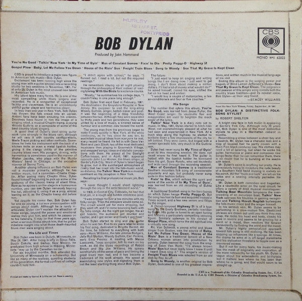 Image of Back Cover of 4745397S: LP - BOB DYLAN, Bob Dylan (CBS  Orange (33 on Label); BPG 62022, UK 1964 Reissue, Laminated Flipback Sleeve, Mono) Plays well above grade with the audio often louder than the surface noise.  VG/G