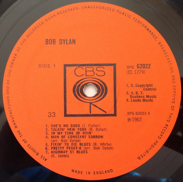 Image of Label Cover of 4745397S: LP - BOB DYLAN, Bob Dylan (CBS  Orange (33 on Label); BPG 62022, UK 1964 Reissue, Laminated Flipback Sleeve, Mono) Plays well above grade with the audio often louder than the surface noise.  VG/G