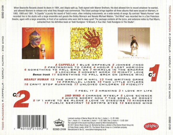 Image of Back Cover of 2xCD - VG+/VG+ - TODD RUNDGREN, A Cappella + Nearly Human + 2nd Wind (Edsel Records; EDSD 2109, UK 2012, Jewel Case), ,  - 2316496C