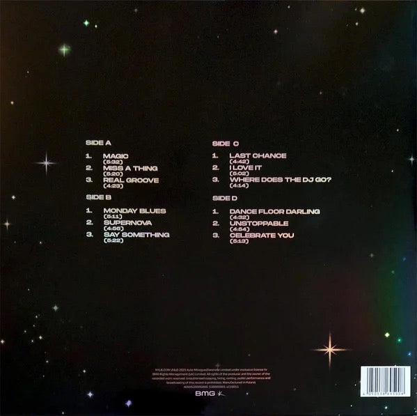 Image of Back Cover of 2xLP - EX/EX - KYLIE, Disco (Extended Mixes) (BMG; 538695901, USA & Europe 2021, Rainbow Laminate Finish Gatefold, 2 Inners, Purple Vinyl), Opened Instore, Still In Stickered Shrinkwrap,  - 3346239S