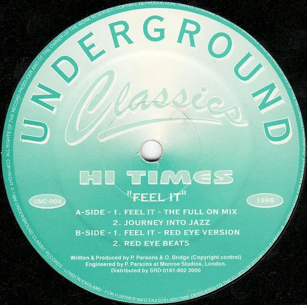 Image of Label Cover of 12" - G+/G+ - HI TIMES, Feel It (Underground Classics; UNC-004, UK 1996, Company Sleeve), lots of light marks and tiny scuffs. original company sleeve - creasing and edge wear,  - 3946065S