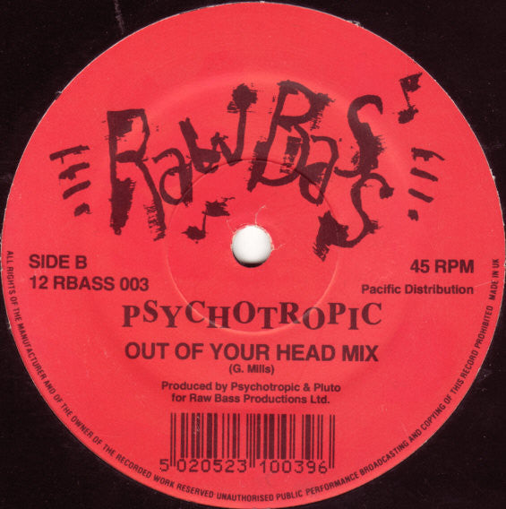 Image of Back Cover of 12" EP - /G+ - PSYCHOTROPIC, Only For The Headstrong / Out Of Your HEad Mix (Raw Bass; 12 RBASS 003, UK 1990), Light Marks only.,  - 2526421E
