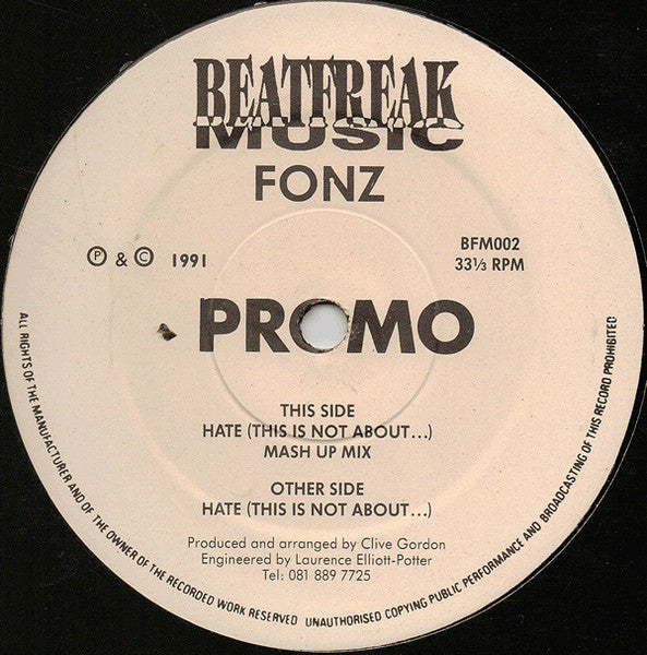 Image of Front Cover of 3524486E: LP - FONZ, Hate (This Is Not About...) (Beatfreak Music; BFM002, UK 1991, Promo, Plain Sleeve) Light Marks only.  /VG