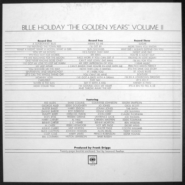 Image of Back Cover of 3214019C: 3xLP - BILLIE HOLIDAY, "The Golden Years" Volume II (Columbia; C3L 40, US Early 70's Reissue, Box Set, 3 Inners, Mono)   VG/VG+