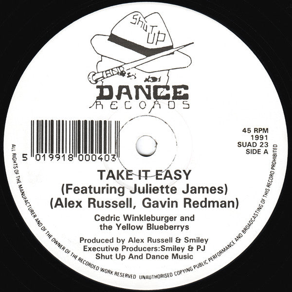 Image of Back Cover of 12" - VG/VG - CEDRIC WINKLEBURGER AND THE YELLOW BLUEBERRYS, Take It Easy / Inner Space / Journey To The East (Shut Up And Dance Records; SUAD 23, UK 1991, Company Sleeve), Light marks only,  - 3526122E