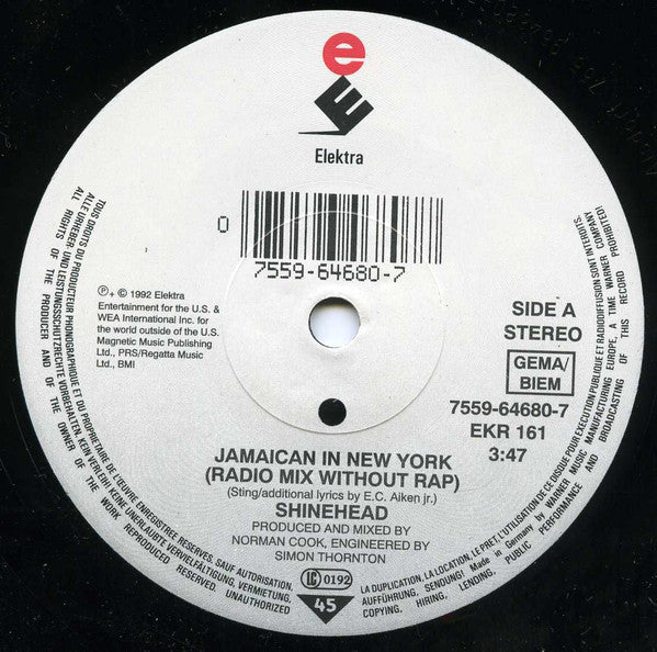 Image of Label Cover of 7" - VG+/VG+ - SHINEHEAD, Jamaican In New York (Radio) / Album Version (Elektra; 7559-64680-7, Europe 1992, Picture Sleeve, Solid Centre), ,  - 2116533C