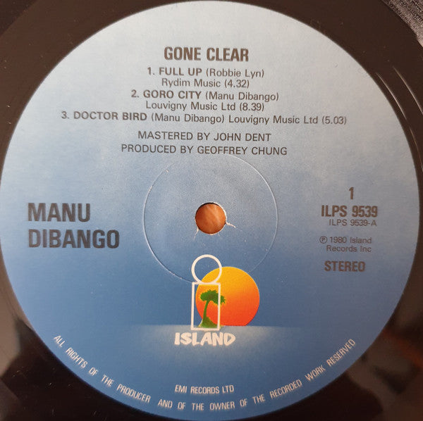 Image of Label Cover of LP - VG+/G+ - MANU DIBANGO, Gone Clear (Island Records; ILPS 9539, UK 1980, Picture Sleeve, Label Variation (Doctor Bird credits to right not below)), Marks on disc.,  - 4026109E