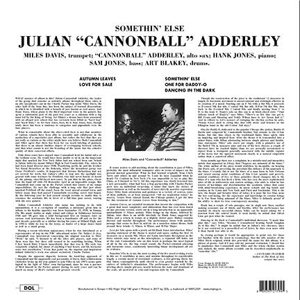 Image of Back Cover of 4714619C: LP - CANNONBALL ADDERLEY, Somethin' Else (DOL; DOL794HB, Europe 2015 Reissue, 180 Gram Blue Vinyl)   NEW/NEW